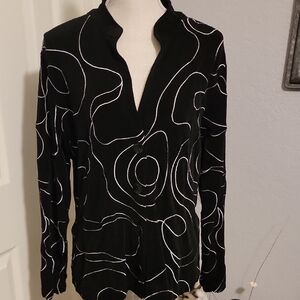 Chico's Travelers Black and White Embroidered Blouse